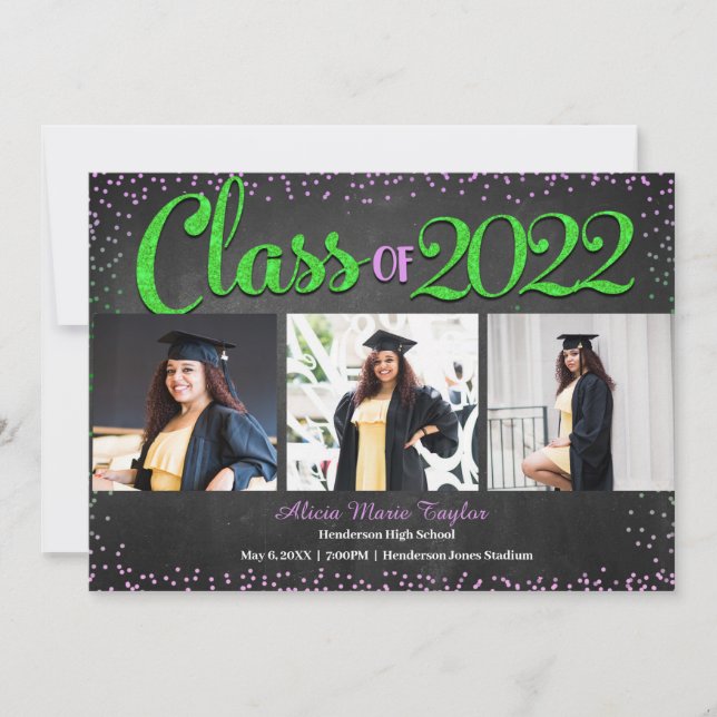 Pink and Green Glitter Photo Graduation Invitation (Front)