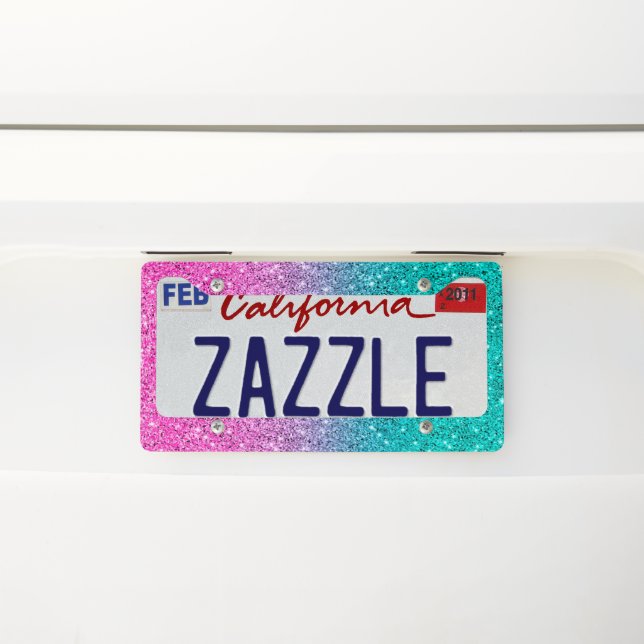 Pink and green glitter texture gradient license plate frame (On Car)