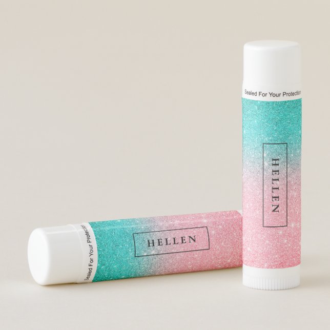 Pink and green glitter texture gradient monogram lip balm (Front)