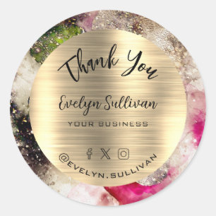 Pink and green glitter watercolor Thank You Classic Round Sticker