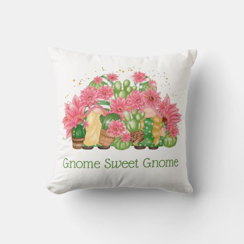 Pink and Green Gnomes Gnome Sweet Gnome Throw Pillow