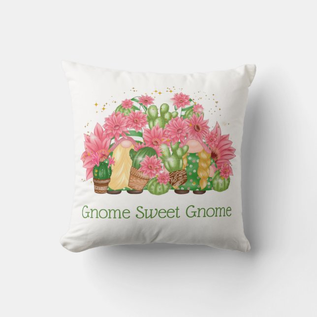 Pink and Green Gnomes Gnome Sweet Gnome Throw Pillow (Front)