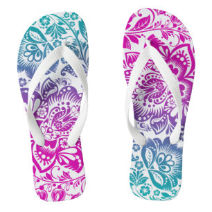 Pink And Green Gradient Floral Damask Pattern Flip Flops
