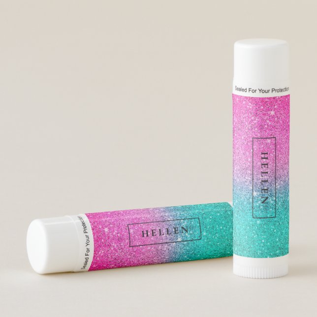 Pink and green gradient glitter texture monogram lip balm (Front)