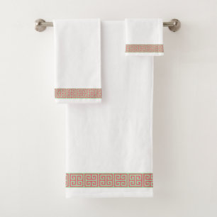 Pink and Green Greek Key Border Bath Towel Set