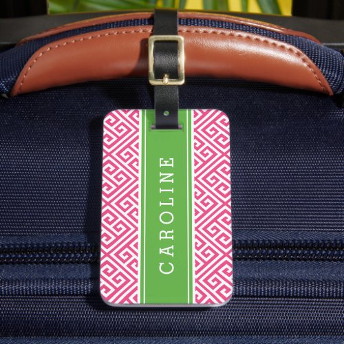 Pink and Green Greek Key Custom Monogram Luggage Tag