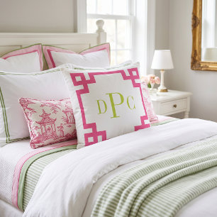 Pink and Green Greek Key Monogram Throw Pillow