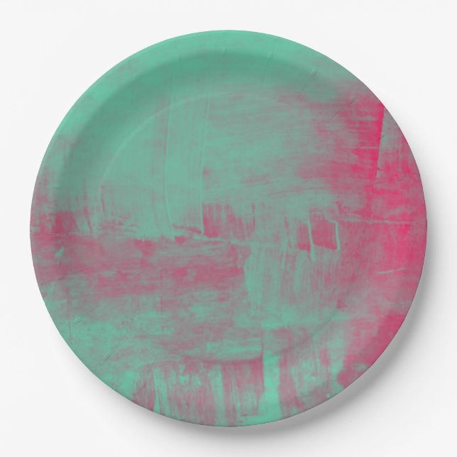 Pink and Green Grunge Painted Abstract Paper Plates (Front)