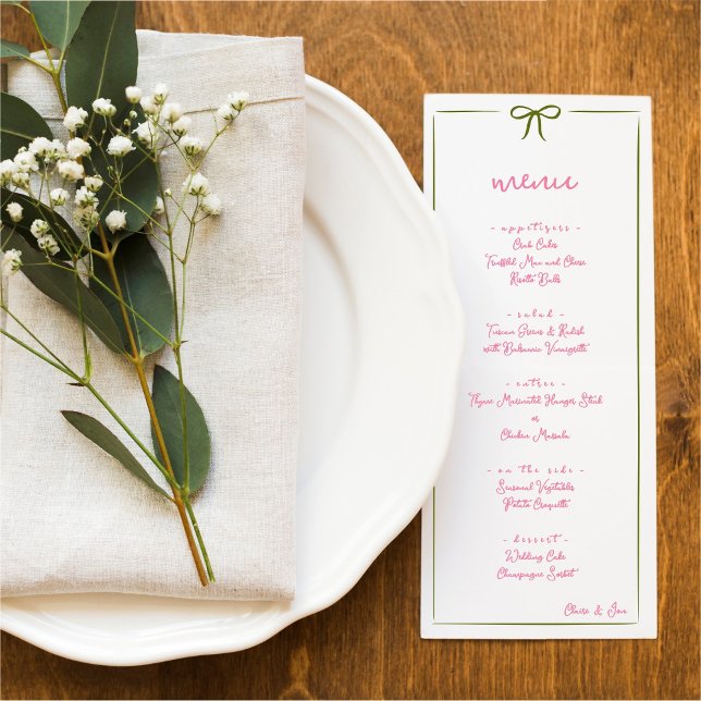 Pink and Green Hand Drawn Bow Frame Wedding Menu (Creator Uploaded)
