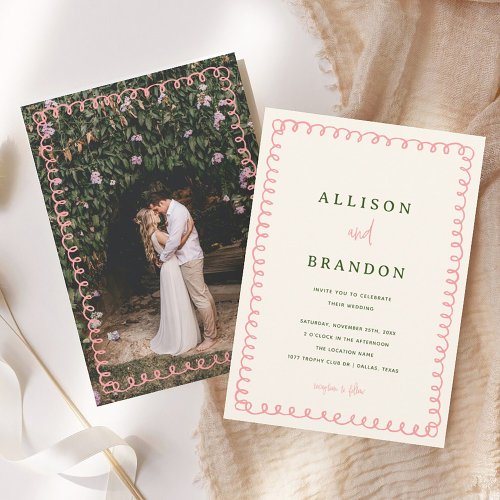 Pink and Green Hand Drawn Colorful Wedding Photo Invitation