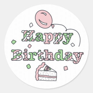 Pink and Green Happy Birthday Classic Round Sticker