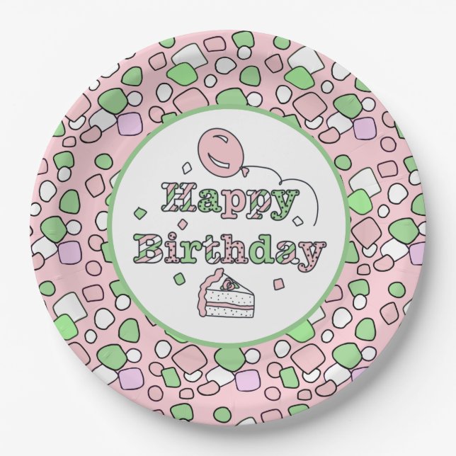 Pink and Green Happy Birthday Paper Plates (Front)