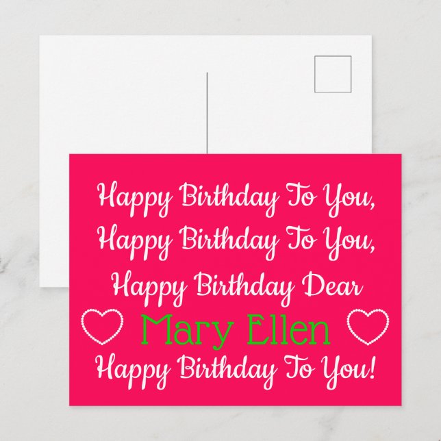 Pink and Green Happy Birthday Song Personalized Postcard (Front/Back)