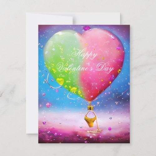 Pink and green heart air balloon valentine  holiday card