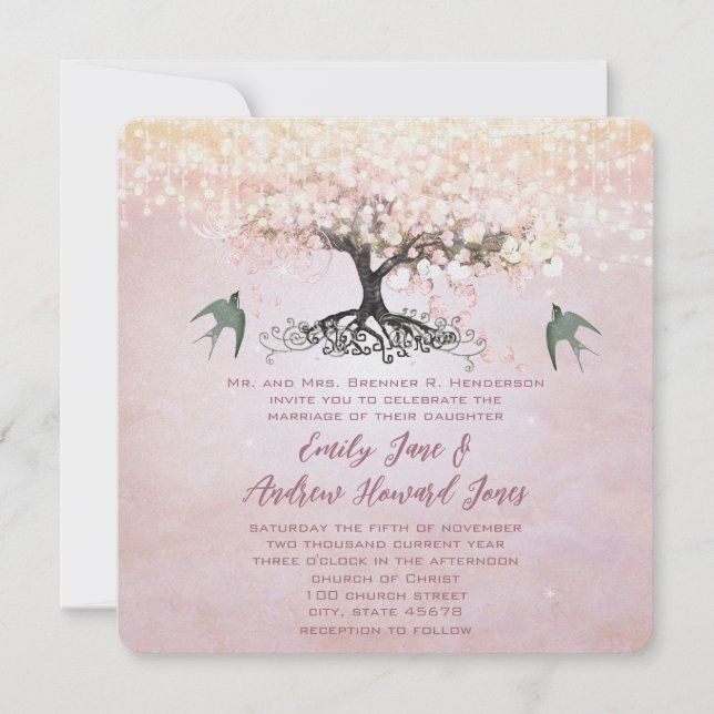 Pink and Green Heart Leaf Tree Love Bird Wedding Invitation (Front)