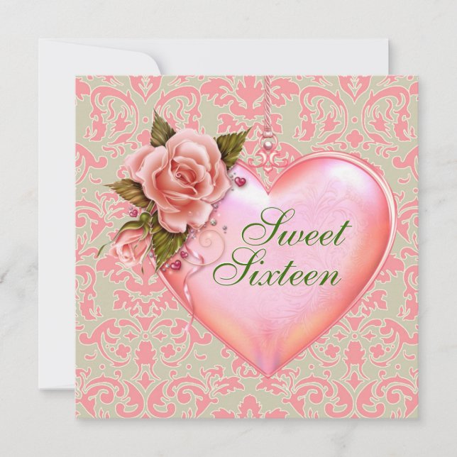 Pink and Green Heart Sweet 16 Birthday Party Invitation (Front)