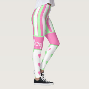 Pink and Green Hearts and Stripes Leggings