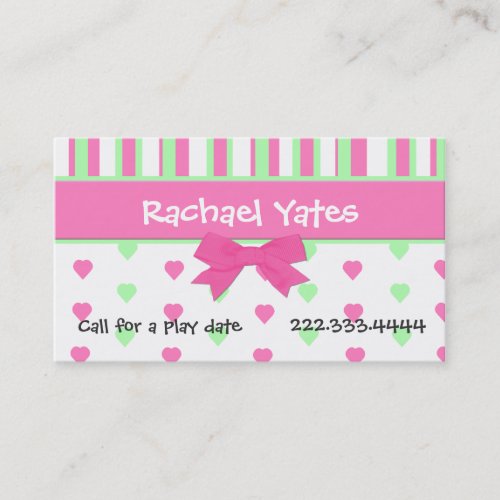 Pink and Green Hearts and Stripes Play Date Card Business Cards