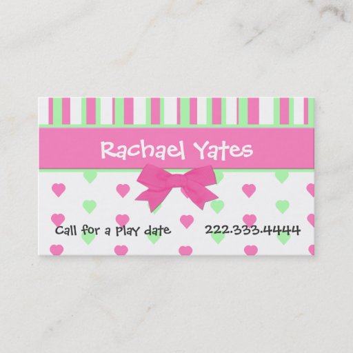 Customizable Pink and Green Hearts and Stripes Play Date Card Business Cards
