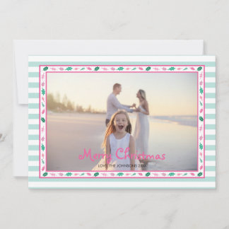 Pink and Green Holly Leaves Border Family Photo Holiday Card