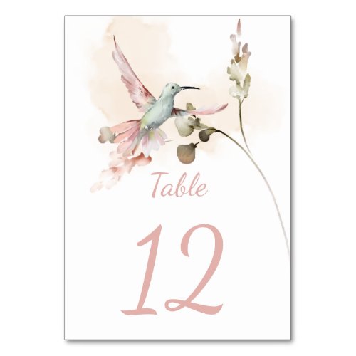 Pink and Green Hummingbird Floral Watercolor Table Number