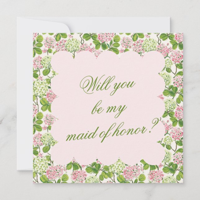 Pink and Green Hydrangea Bridesmaid Proposal Card (Front)