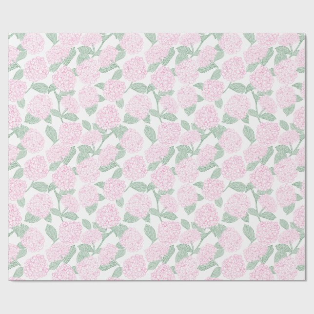Pink and Green Hydrangea Floral Wrapping Paper (Flat)
