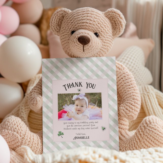 Pink and Green Irish Kids Birthday Thank You Card (Girly Pink baby St. Patty's Thank You card. Cute pink, green & white gingham. Custom Photo & Text.)