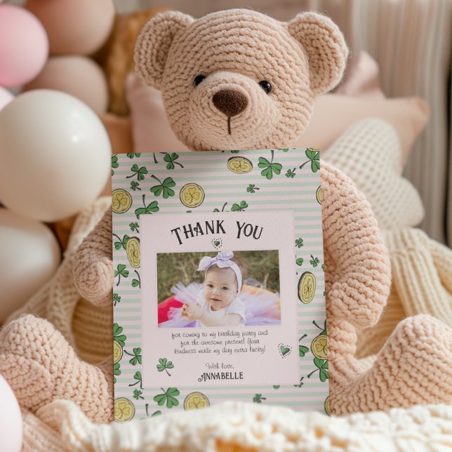 Pink and Green Irish Shamrocks and Coins Birthday Thank You Card (Cute girly baby lucky coins St. Patrick's Day birthday Thank You card with custom Photo and Text.)