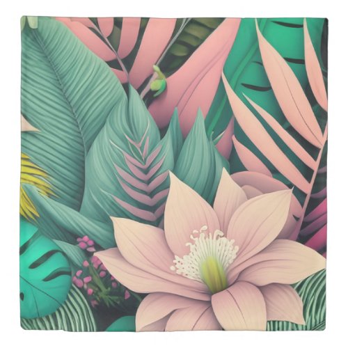 Pink and Green Jungle Flowers Duvet Cover