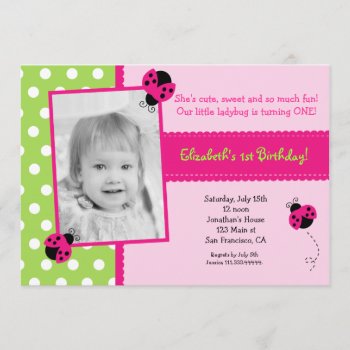 Pink And Green Ladybug Birthday Party Invitations by Petit_Prints at Zazzle