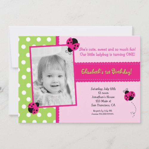 Pink and Green Ladybug BIrthday Party Invitations