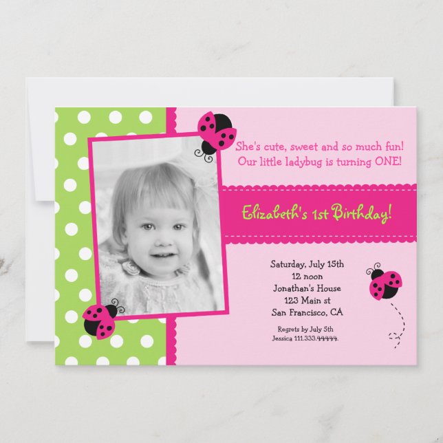 Pink and Green Ladybug BIrthday Party Invitations (Front)