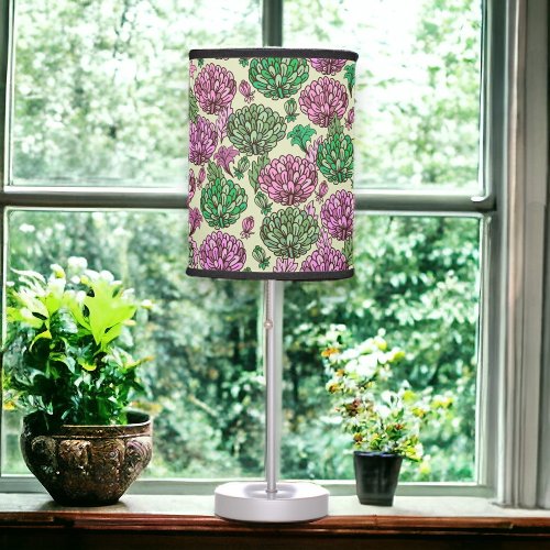 Pink and Green Large Floral Blooms Original Design Table Lamp