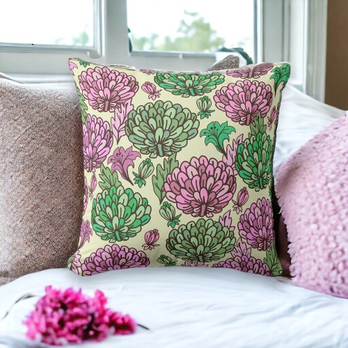 Pink and Green Large Floral Blooms Original Design Throw Pillow
