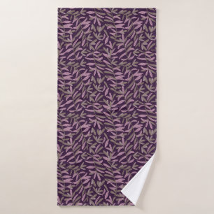 Pink and Green Leaf Pattern on Dark Purple Back Bath Towel Set