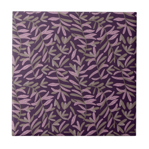 Pink and Green Leaf Pattern on Dark Purple Back Ceramic Tile