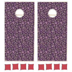 Pink and Green Leaf Pattern on Dark Purple Back Cornhole Set