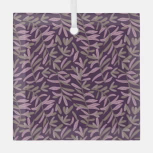  Pink and Green Leaf Pattern on Dark Purple Back Glass Ornament