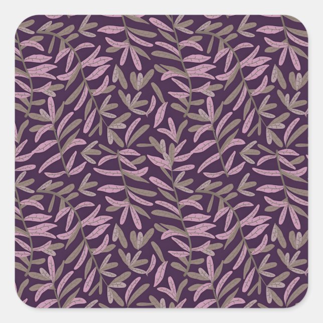  Pink and Green Leaf Pattern on Dark Purple Back Square Sticker (Front)