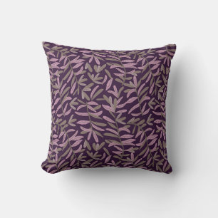  Pink and Green Leaf Pattern on Dark Purple Back Throw Pillow