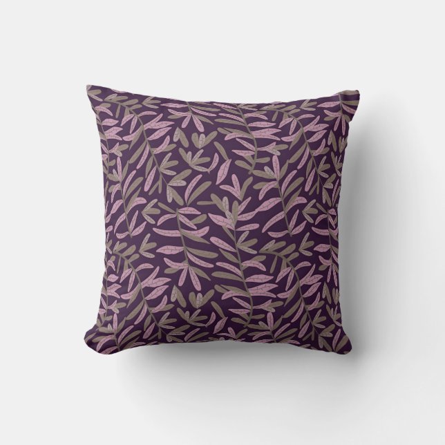  Pink and Green Leaf Pattern on Dark Purple Back Throw Pillow (Front)