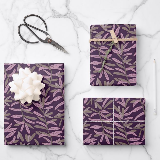  Pink and Green Leaf Pattern on Dark Purple Back Wrapping Paper Sheets (Front)