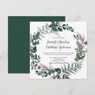 Pink and Green Leaves Stems Ferns Wreath  | Invitation