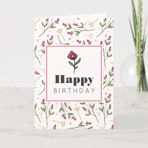 Pink and Green Long Stem Wildflowers Birthday Card