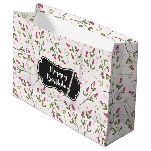 Pink and Green Long Stem Wildflowers Birthday Large Gift Bag