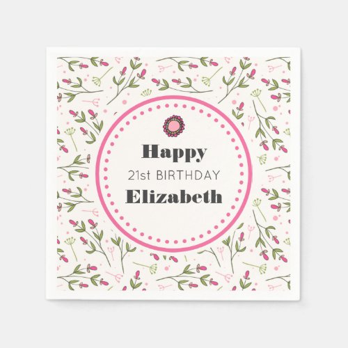 Pink and Green Long Stem Wildflowers Birthday Napkins