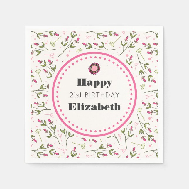 Pink and Green Long Stem Wildflowers Birthday Napkins (Front)