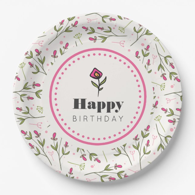 Pink and Green Long Stem Wildflowers Birthday Paper Plates (Front)