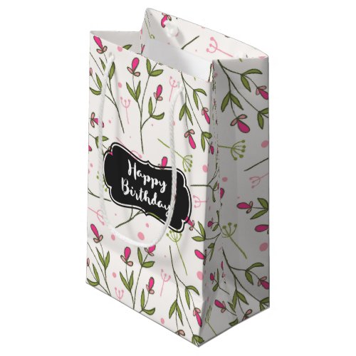 Pink and Green Long Stem Wildflowers Birthday Small Gift Bag